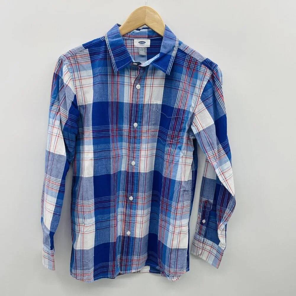 Old Navy Youth Boys XL 14/16 Long Sleeve Plaid‎ Button Down Shirt in Blue/White